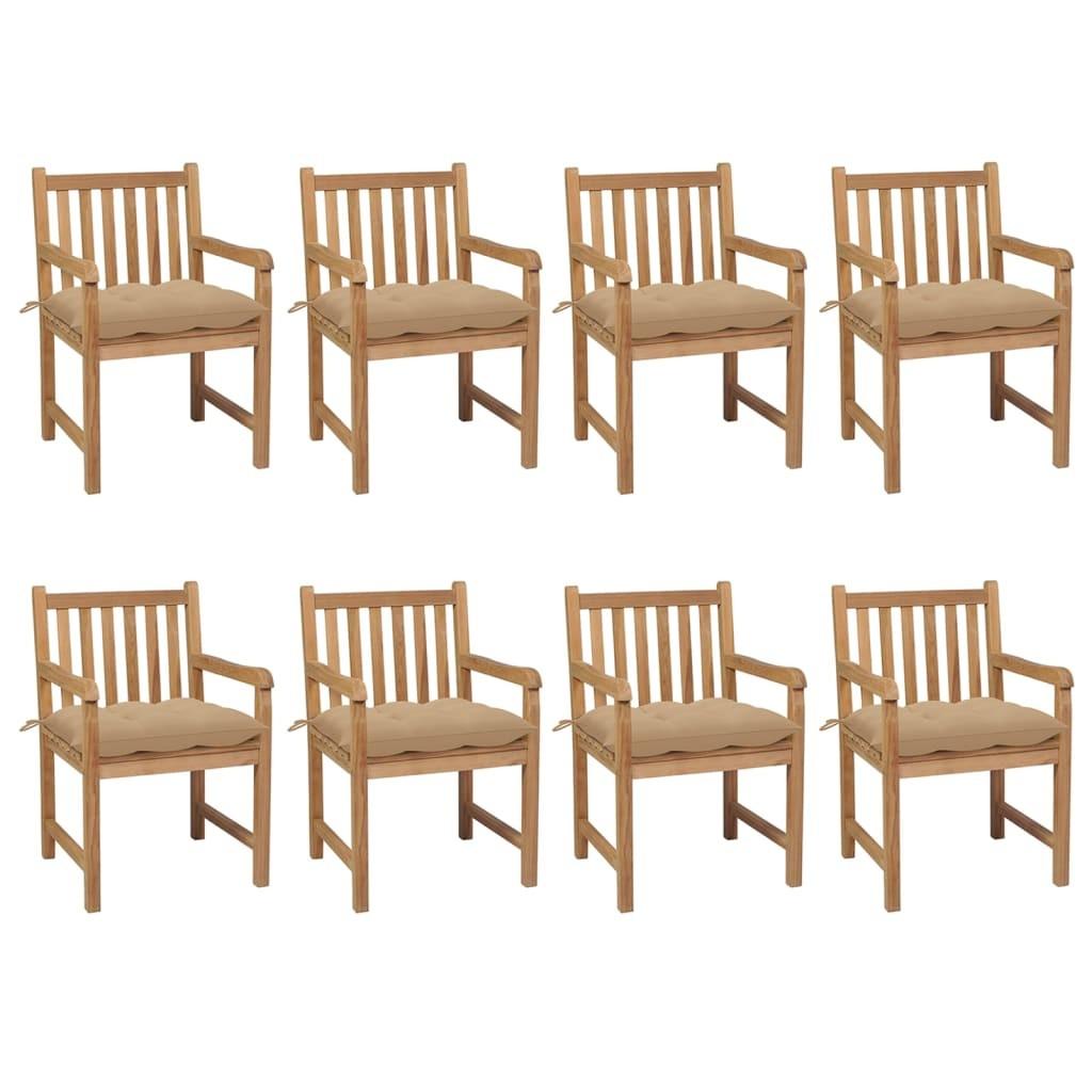 Havestole i massivt teaktræ - 8 stk. med beige hynder