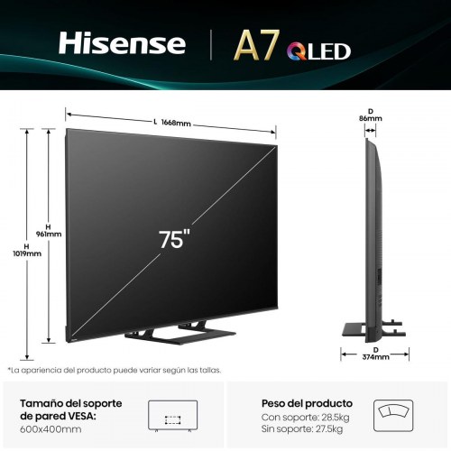 Hisense 75A7K 75" QLED 4K Smart TV med HDR og Dolby Vision/Atmos
