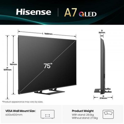 Hisense 75A7K 75" QLED 4K Smart TV med HDR og Dolby Vision/Atmos