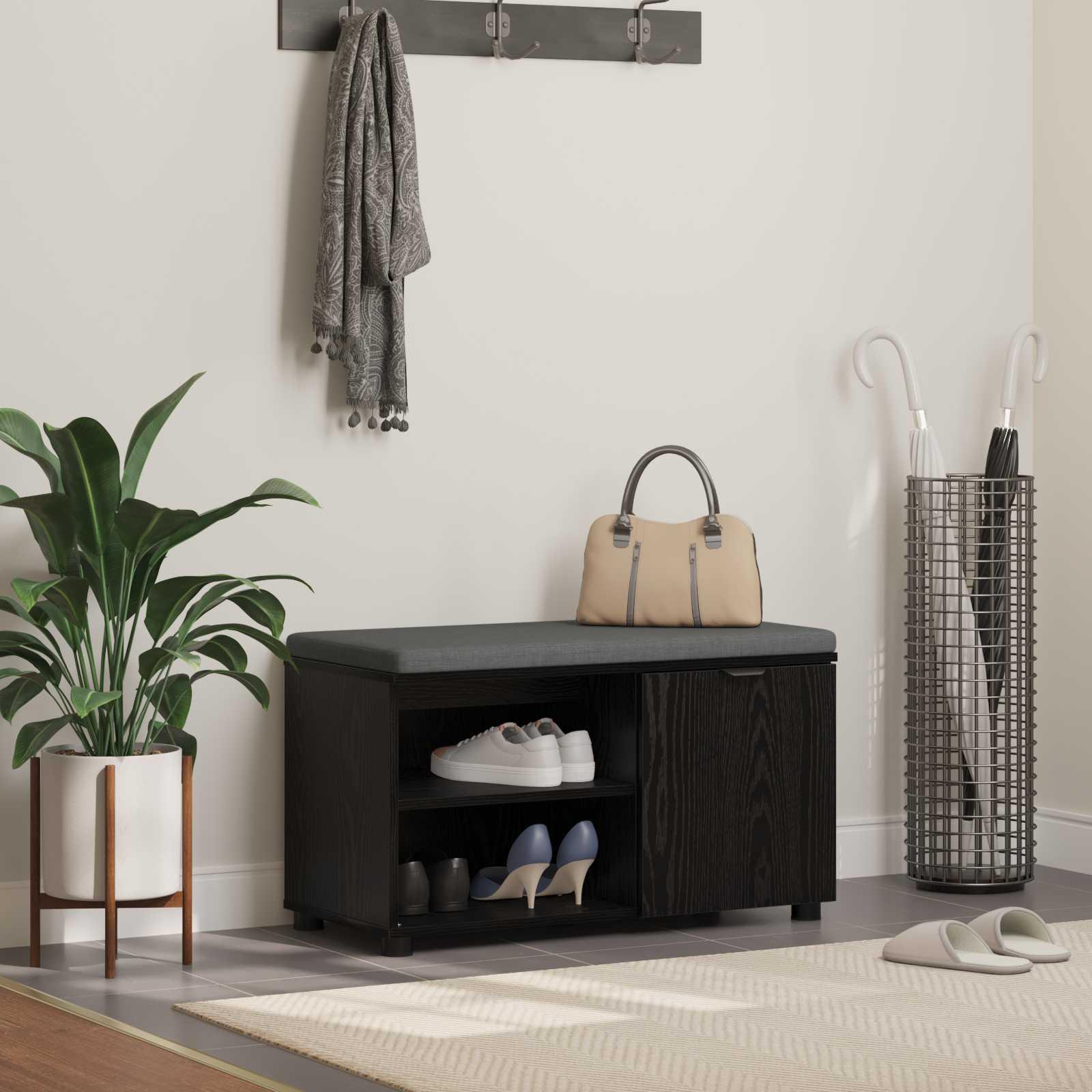 Hallbænk med pude Ensfarvet Sort eg 80 x 38 x 46 cm