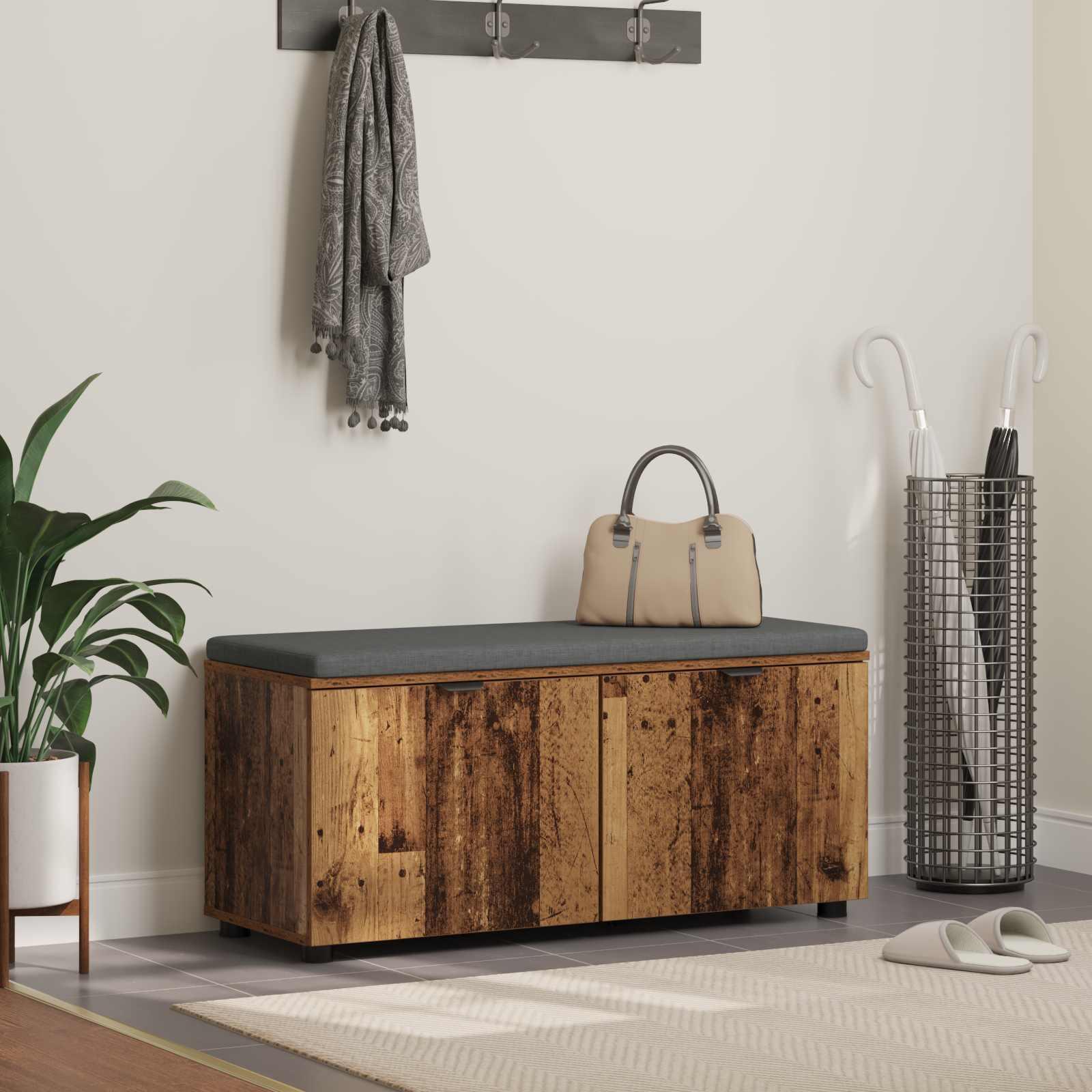 Hallbænk med pude med opbevaring Gammelt træ 100 x 38 x 46 cm