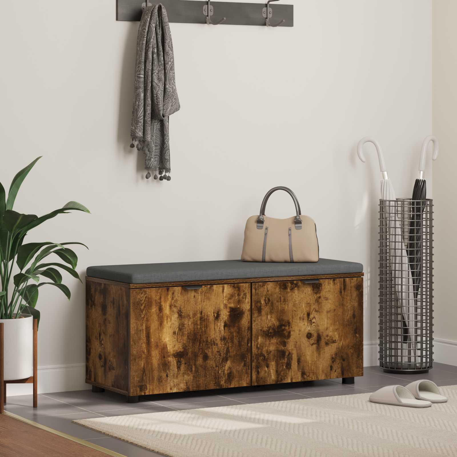 Hallbænk med pude med opbevaring Røget eg 100 x 38 x 46 cm