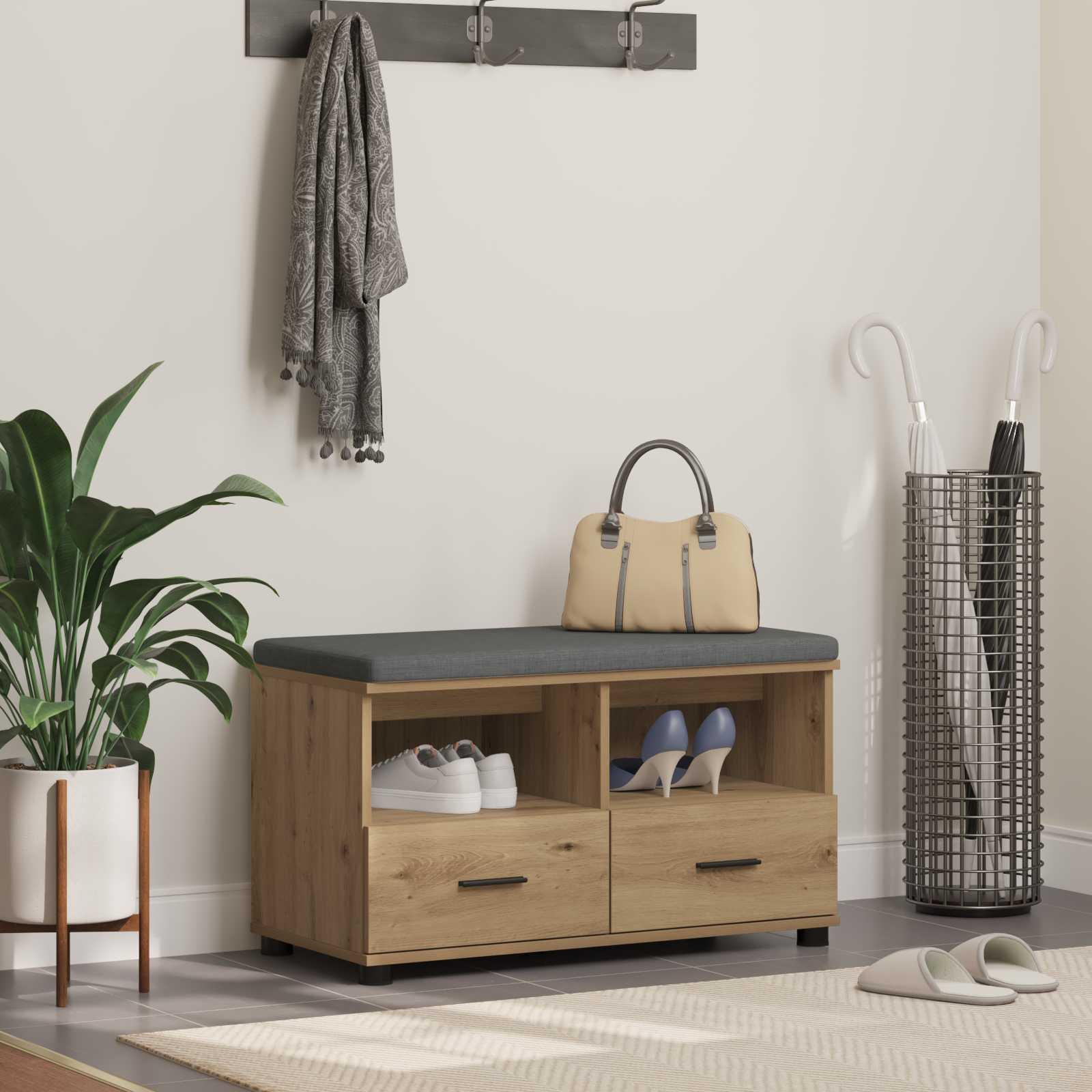 Hallbænk med pude med skuffe Artisan Egetræ 80 x 38 x 46 cm