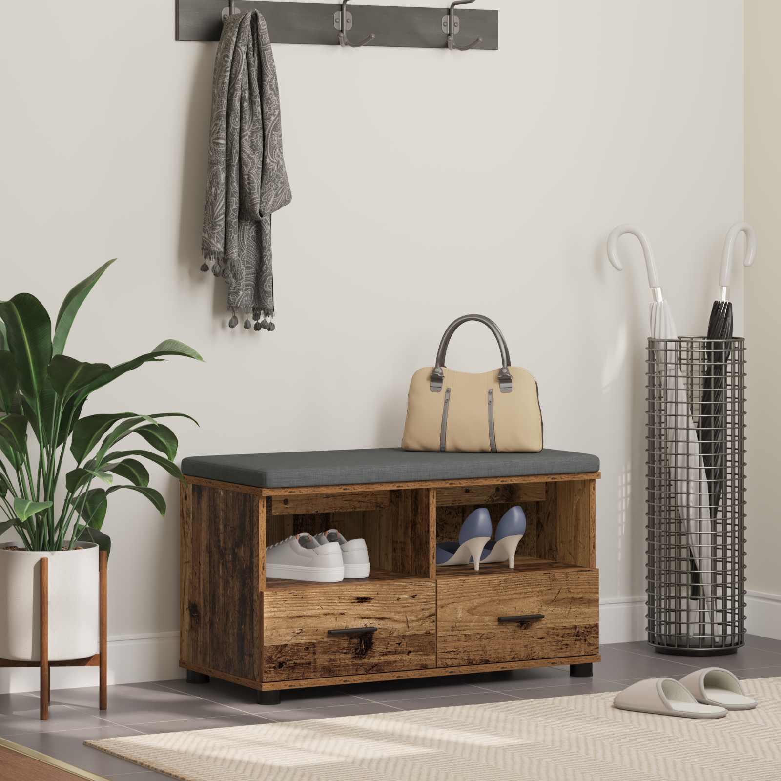 Hallbænk med pude med skuffe Gammelt træ 80 x 38 x 46 cm
