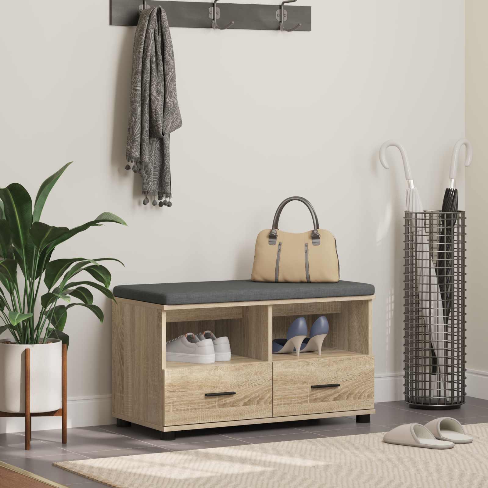 Hallbænk med opbevaring - Sonoma eg, 80 × 38 × 46 cm, kunstigt træ og stof
