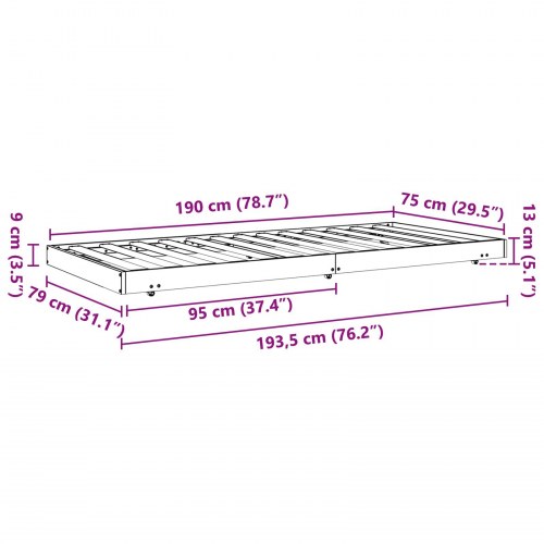 Sengestel med hjul - voks brun 70 x 190 cm