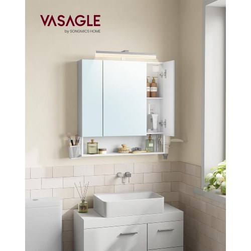 Spejlskab med 3 låger – vægskab med stikkontakter, USB, hængebakke og føntørrer-holder, 70 × 75 × 16,5 cm – cloud hvid