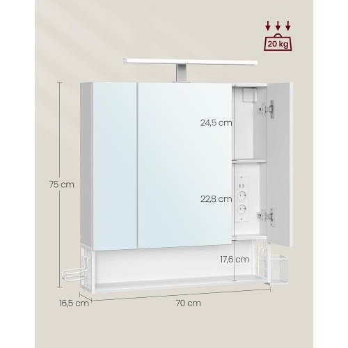 Spejlskab med 3 låger – vægskab med stikkontakter, USB, hængebakke og føntørrer-holder, 70 × 75 × 16,5 cm – cloud hvid