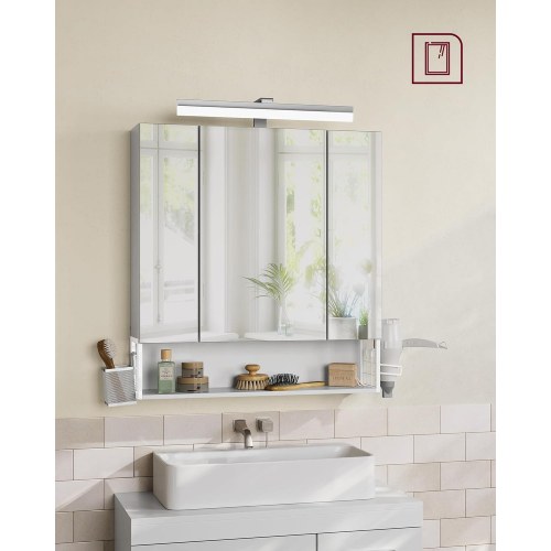 Spejlskab med 3 låger – vægskab med stikkontakter, USB, hængebakke og føntørrer-holder, 70 × 75 × 16,5 cm – cloud hvid