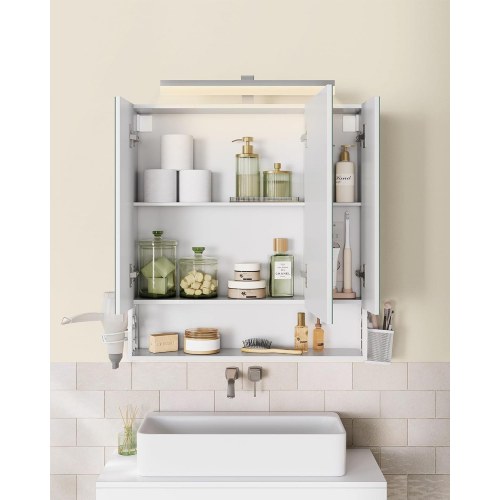 Spejlskab med 3 låger – vægskab med stikkontakter, USB, hængebakke og føntørrer-holder, 70 × 75 × 16,5 cm – cloud hvid