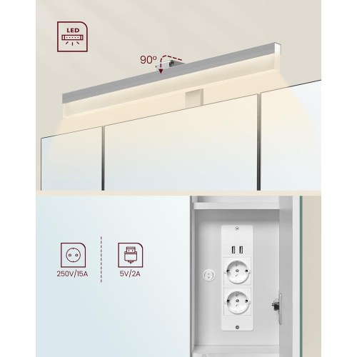 Spejlskab med 3 låger – vægskab med stikkontakter, USB, hængebakke og føntørrer-holder, 70 × 75 × 16,5 cm – cloud hvid