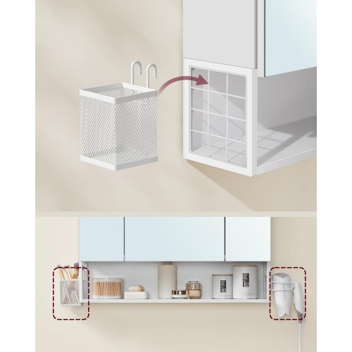 Spejlskab med 3 låger – vægskab med stikkontakter, USB, hængebakke og føntørrer-holder, 70 × 75 × 16,5 cm – cloud hvid