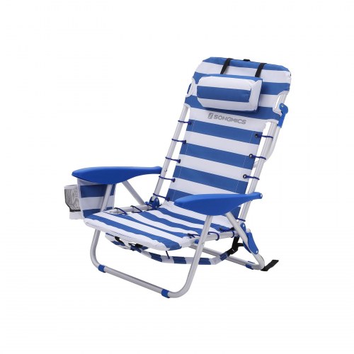 Strandstol med rygsækrem, justerbar solstol – blå/hvid