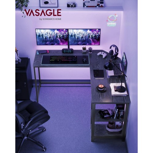 L-formet skrivebord med 2 hylder - sort træstruktur, 138 x 138 x 76 cm