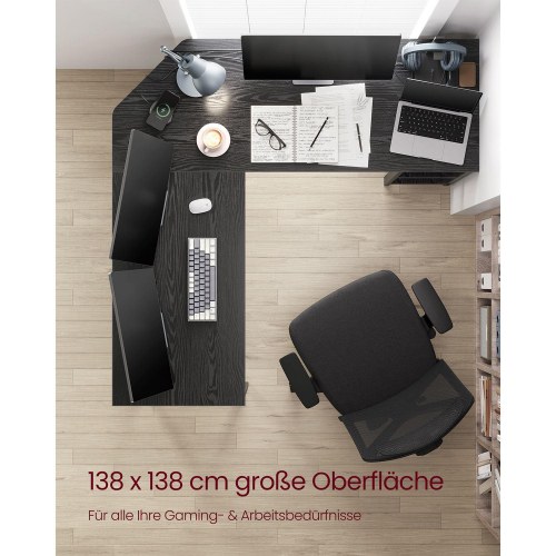 L-formet skrivebord med 2 hylder - sort træstruktur, 138 x 138 x 76 cm