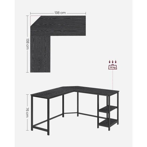 L-formet skrivebord med 2 hylder - sort træstruktur, 138 x 138 x 76 cm