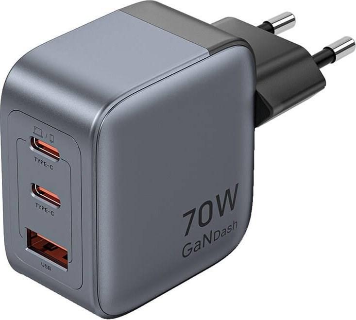 Vention 70W GaN væglader med PD – 2x USB‑C + 1x USB‑A (sort) billede