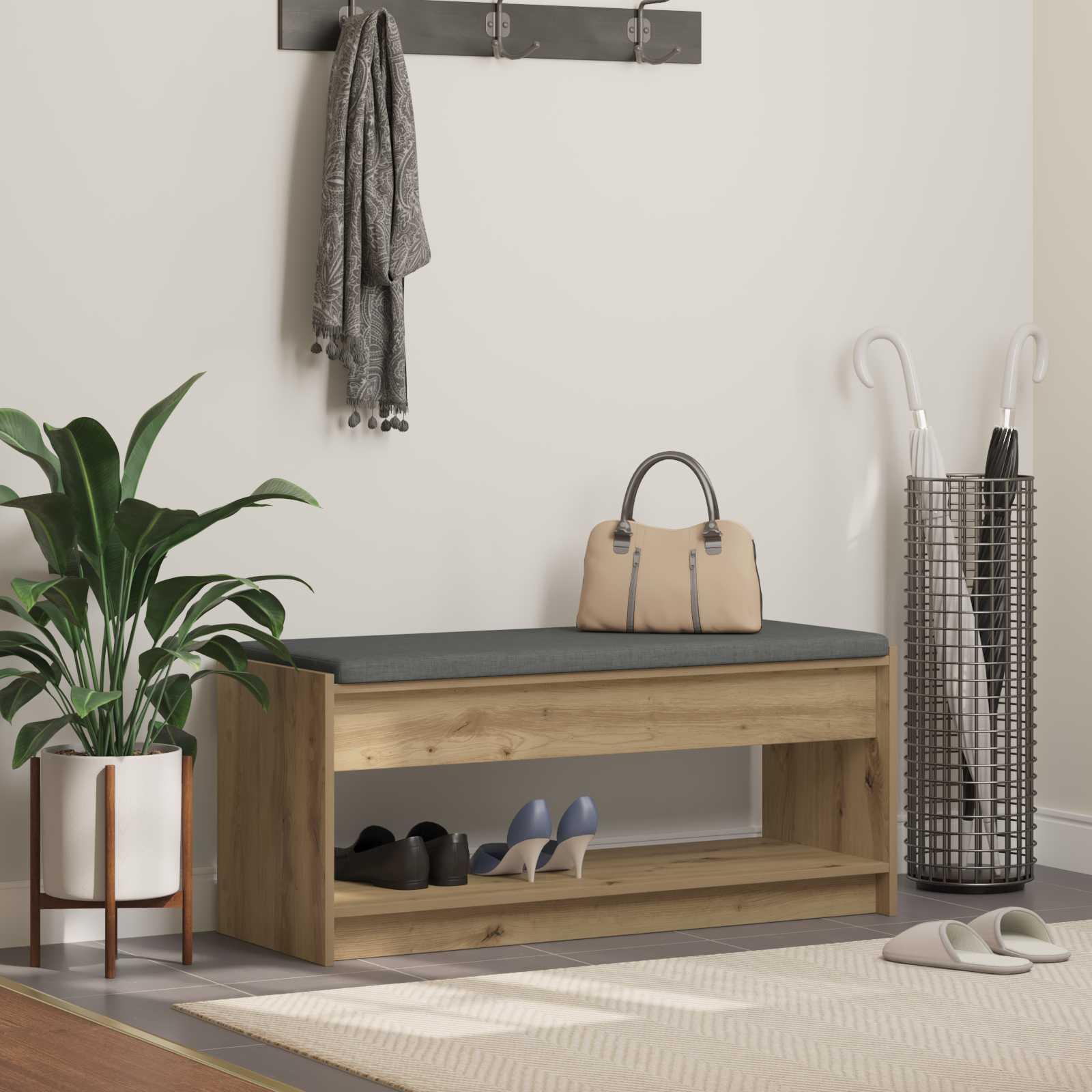Hallbænk med pude med hylde Artisan Egetræ 100 x 38 x 46 cm