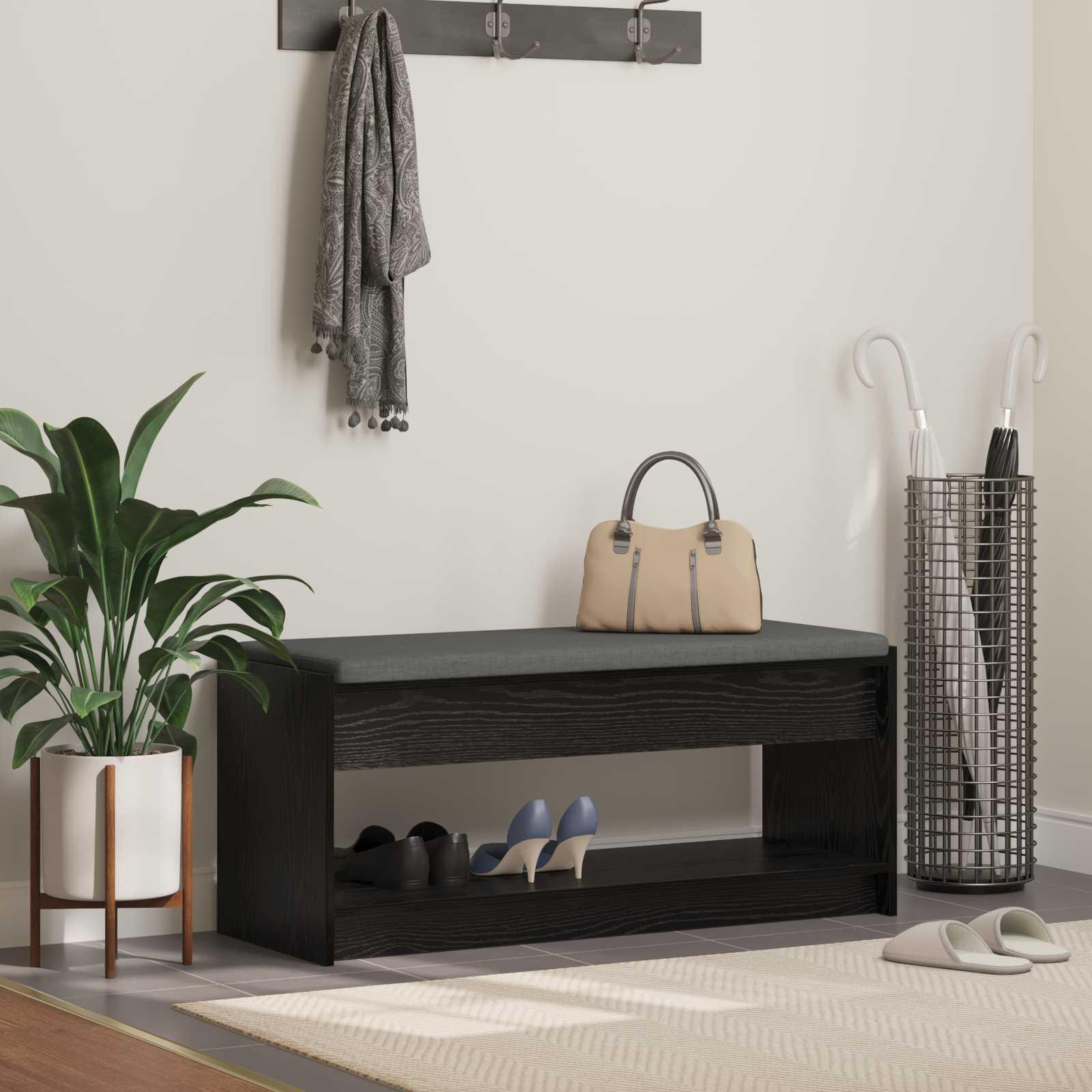 Hallbænk med pude med hylde Sort eg 100 x 38 x 46 cm
