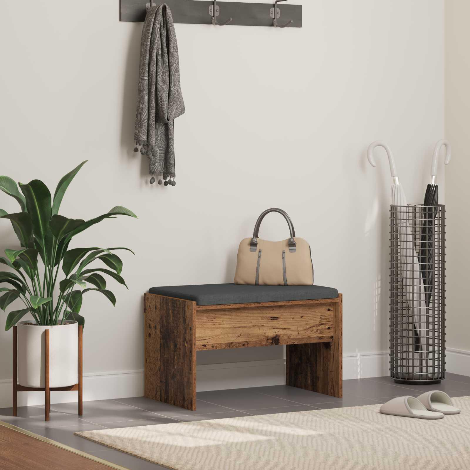 Hallbænk med pude - gammelt træ look 63 × 38 × 40 cm