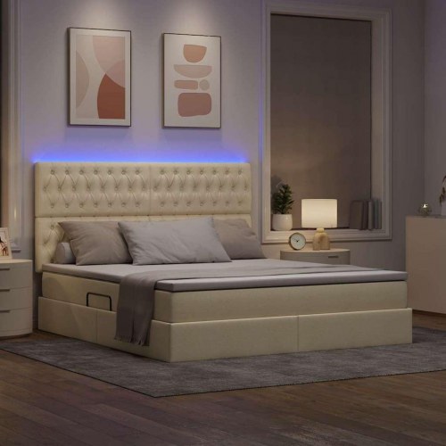 Seng med opbevaring og LED Creme 160 x 200 cm Polyester