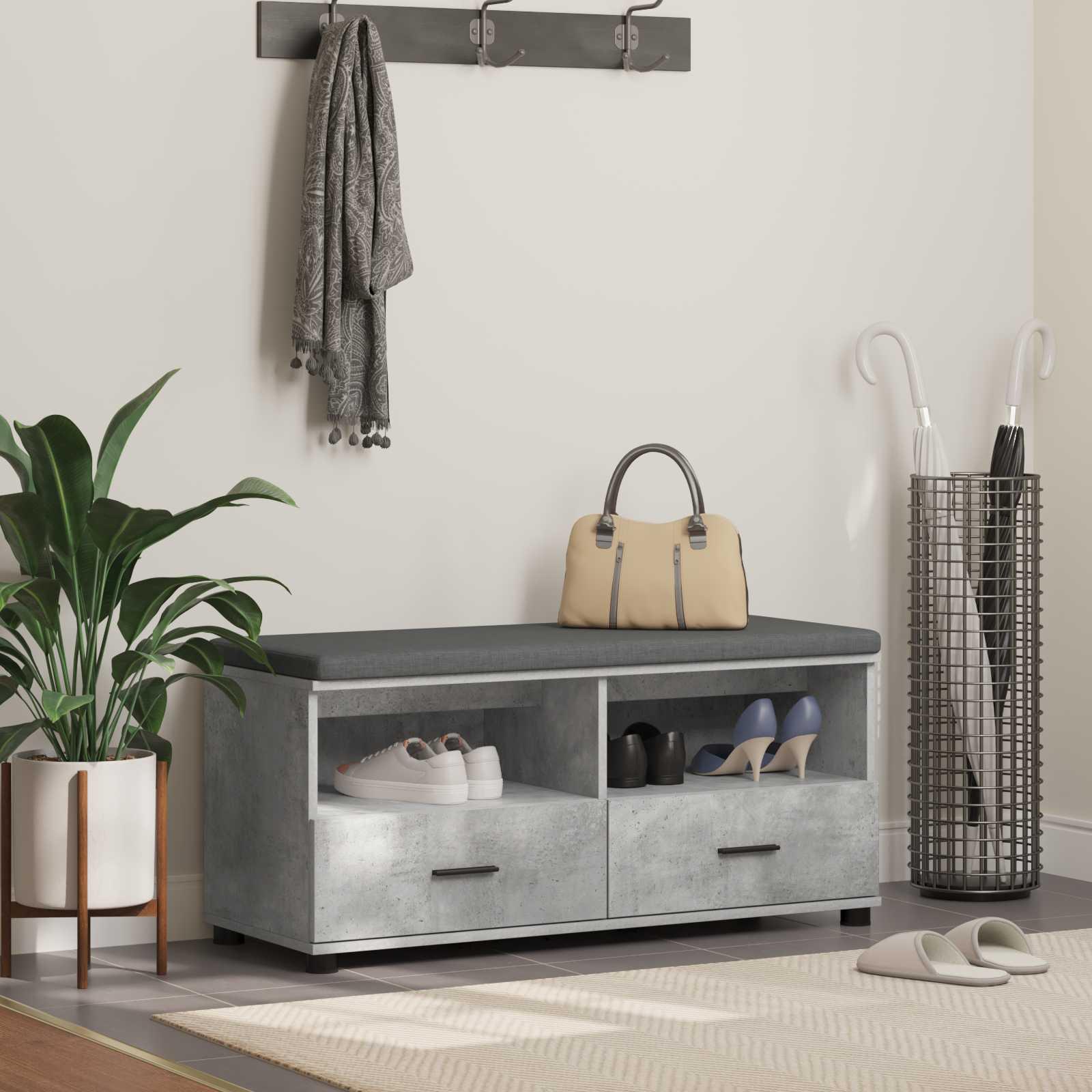 Hallbænk med pude med skuffe Beton Grå 100 x 38 x 46 cm