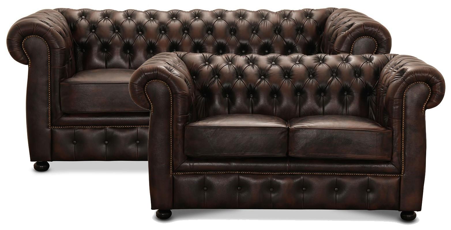 Liverpool Chesterfield sofasæt 3+2 pers. - brun ægte okselæder