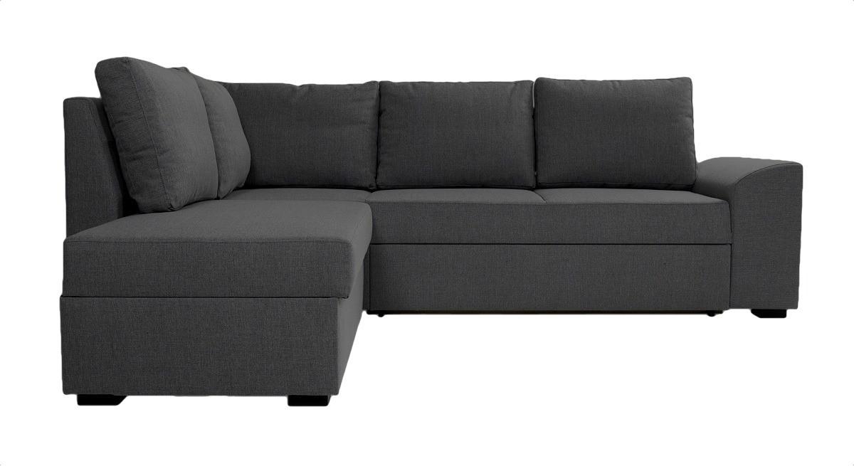 Hjørnesovesofa venstrevendt med open-end – grå stof, sengeudtræk og opbevaring