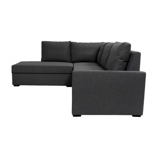 Hjørnesovesofa venstrevendt med open-end – grå stof, sengeudtræk og opbevaring
