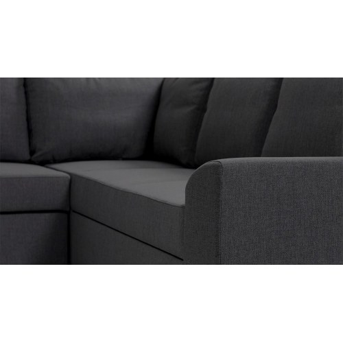 Hjørnesovesofa venstrevendt med open-end – grå stof, sengeudtræk og opbevaring