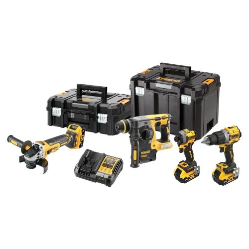DeWalt DCK429P3T-QW 18 V XR kombosæt - boremaskine, slagskruetrækker, vinkelsliber 125 mm og SDS+ borehammer - sort/gul