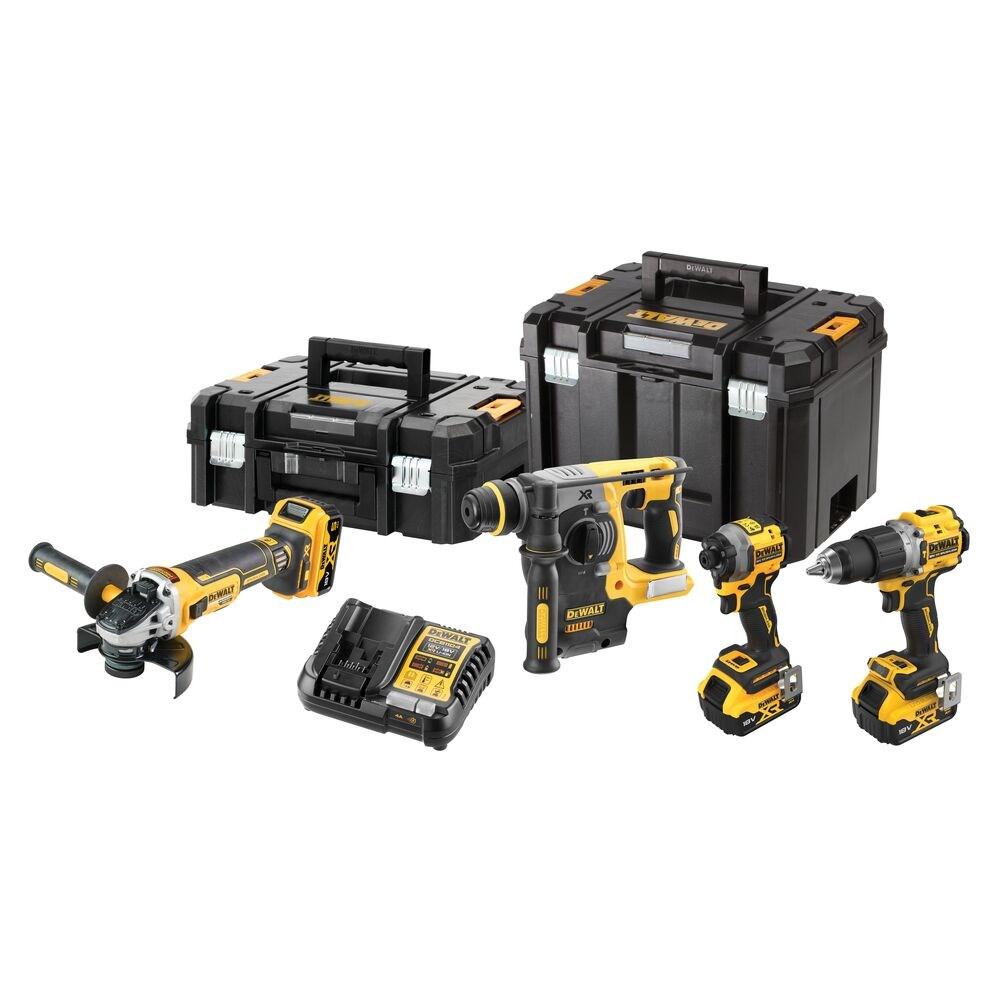 DeWalt DCK429P3T-QW 18 V XR kombosæt – boremaskine, slagskruetrækker, vinkelsliber 125 mm og SDS+ borehammer – sort/gul