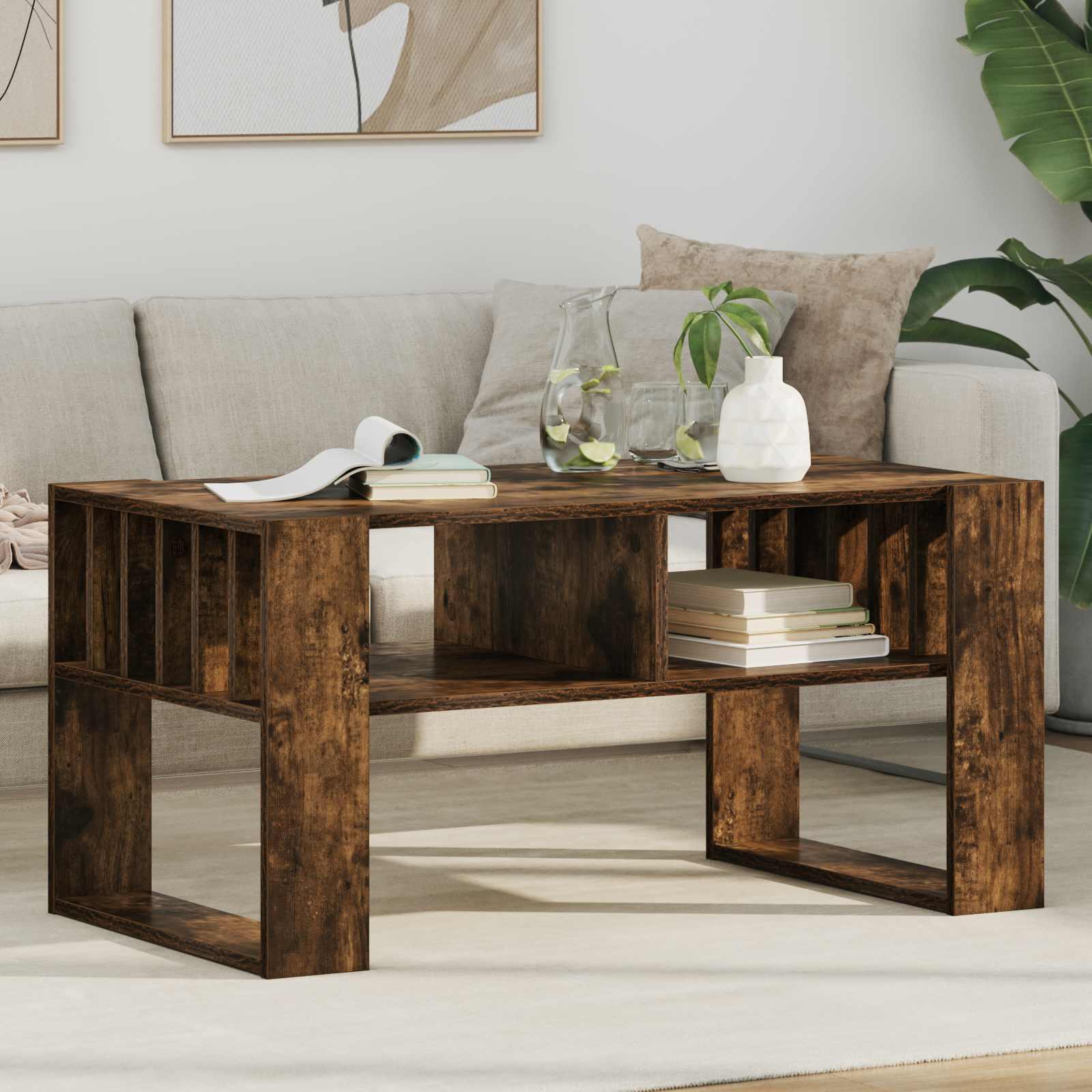 Sofabord i røget eg - konstrueret træ, 92 × 49,5 × 45 cm med hylder