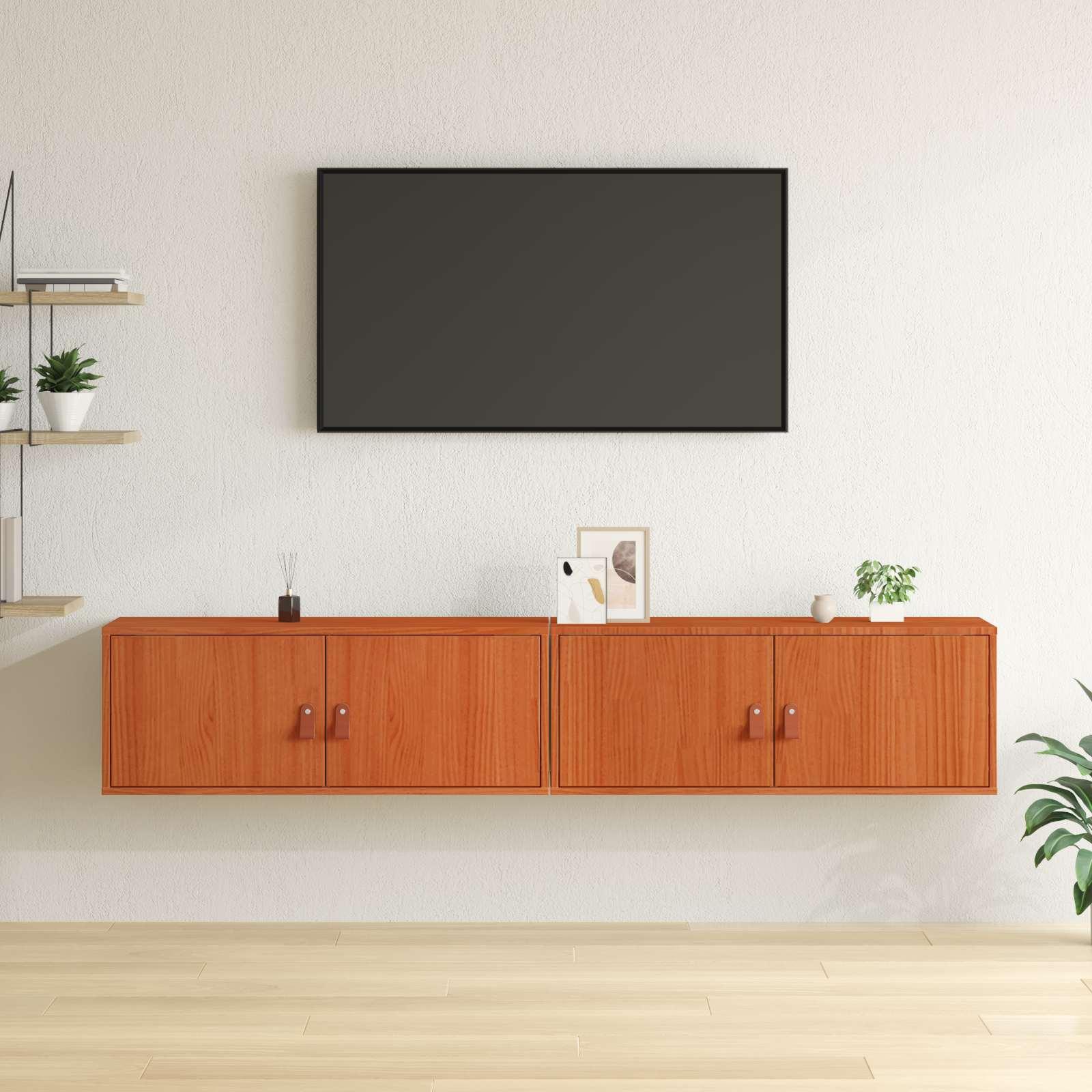 Vægskab med dør 2 stk Voks brun 80 x 30 x 30 cm Massiv fyrretræ