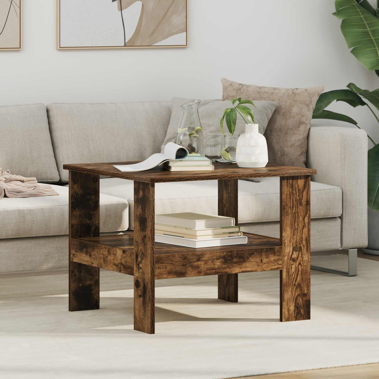 Sofabord i røget eg - konstrueret træ, 57 × 55 × 45 cm med hylde