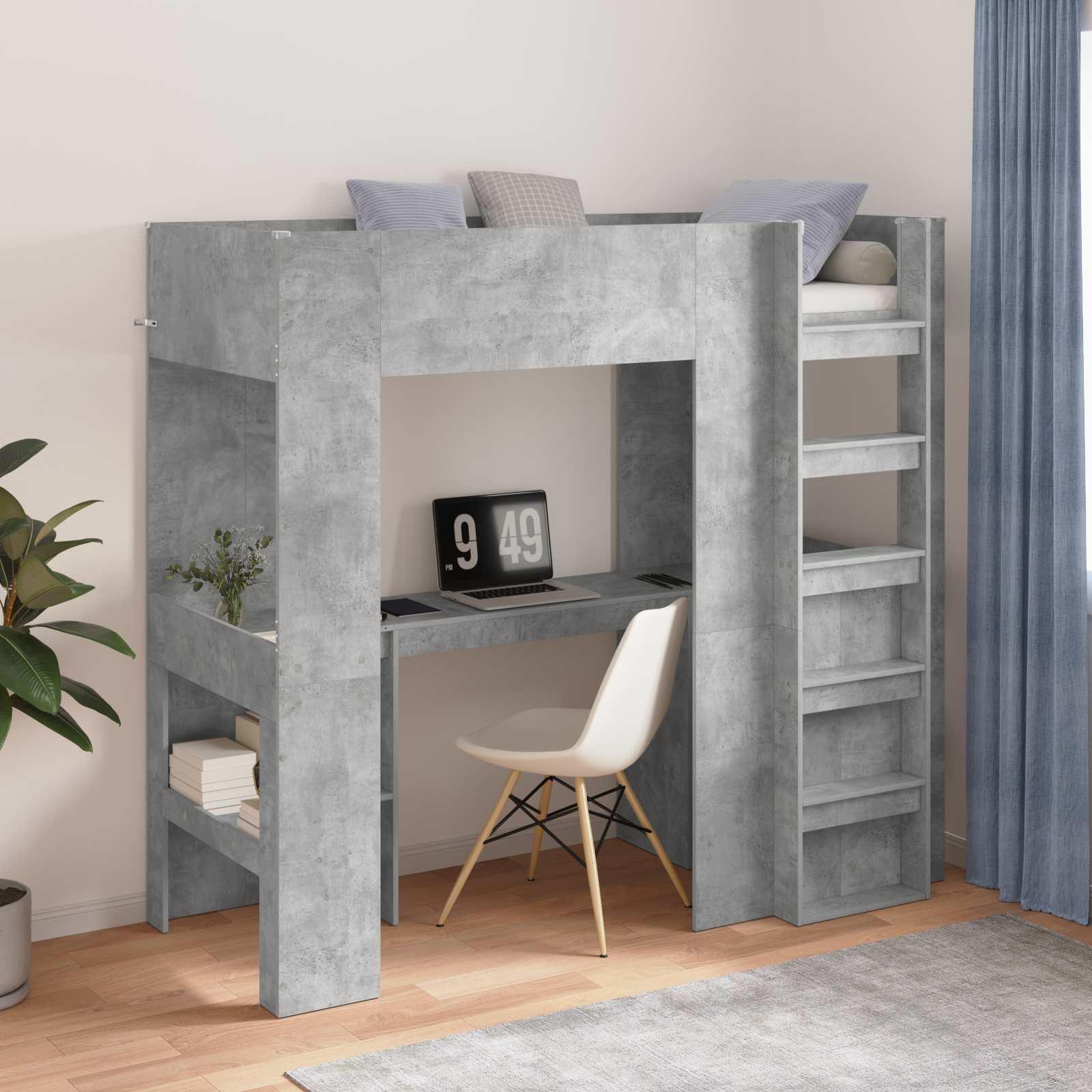 Loft Sengestel med Skrivebord Beton Grå 100 x 200 cm