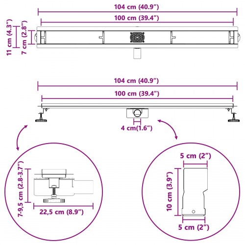 Bruseafløb Glasdæksel med 360° Siphon Sort 100 cm