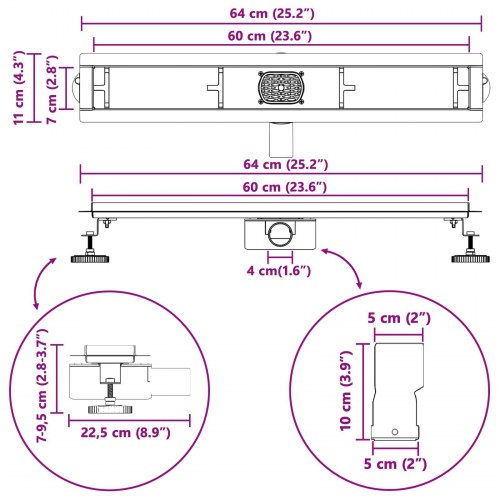 Bruseafløb Glasdæksel med 360° Siphon Sort 60 cm