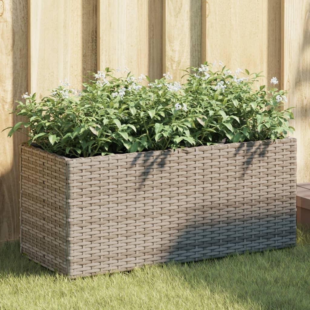 Plantekasse med hjul og 2 krukker 72x30x32 cm polyrattan grå
