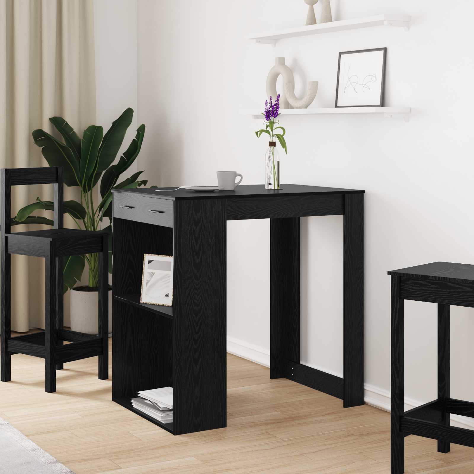 Barbord med skuffe - sort eg, 102 × 70 × 103,5 cm (konstrueret træ)