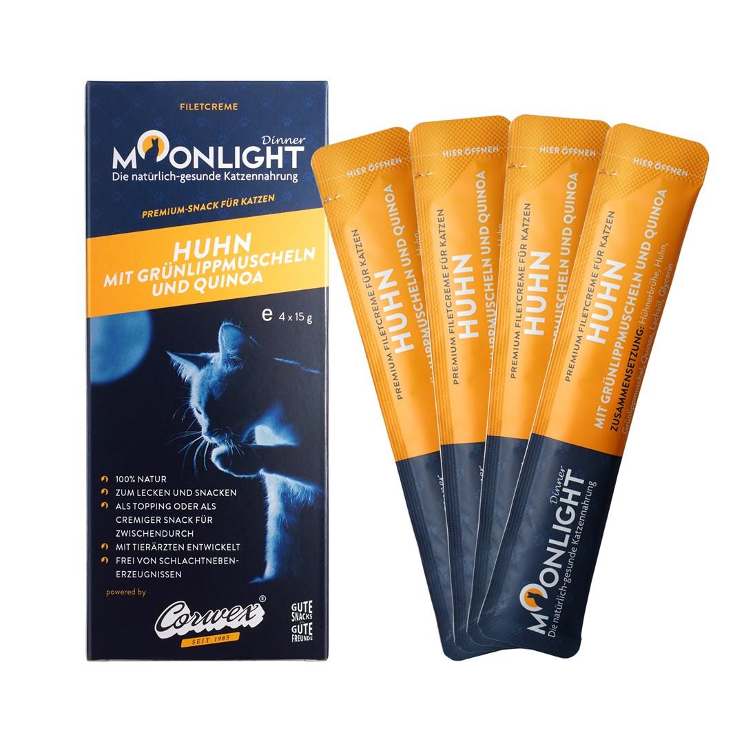 Moonlight Dinner kattesnack - kylling med grønlæbede muslinger og quinoa, 4×15 g