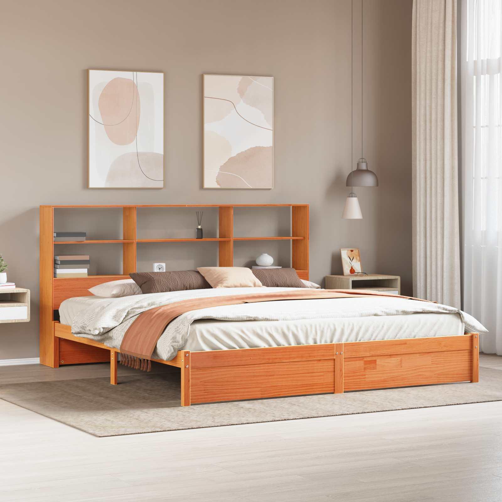 Sengestel med opbevaringshovedgavl - voksbrun 200 × 200 cm