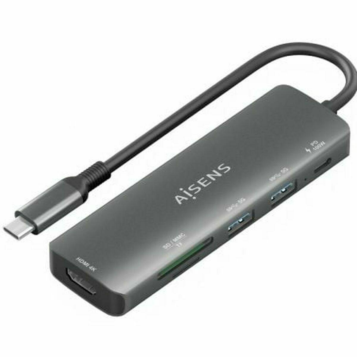 Aisens USB‑C Dock 6‑i‑1 - grå USB‑hub med HDMI 4K og 100 W PD
