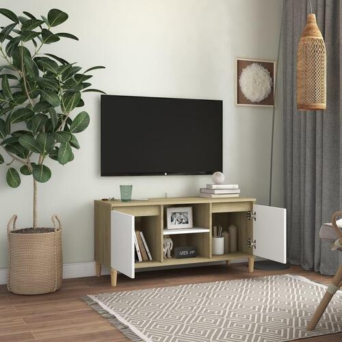 Tv-bord med massive træben 103,5x35x50 cm hvid og sonoma-eg