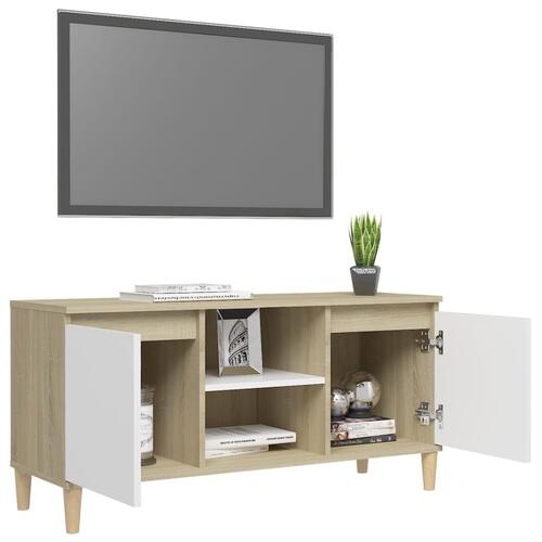 Tv-bord med massive træben 103,5x35x50 cm hvid og sonoma-eg