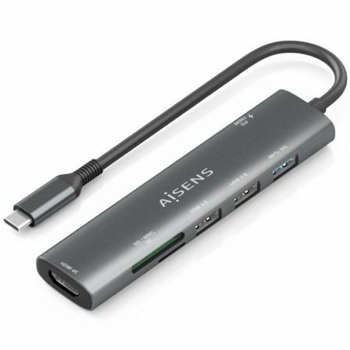 Aisens USB-C hub 7-i-1 - Grå, 100 W Power Delivery