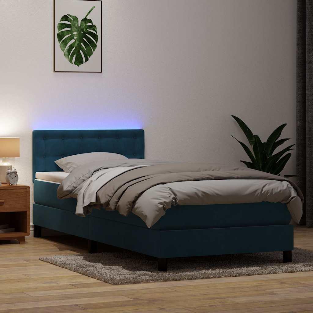 Kontinentalseng med madras og LED-lys mørkeblå 80x210 cm fløjl