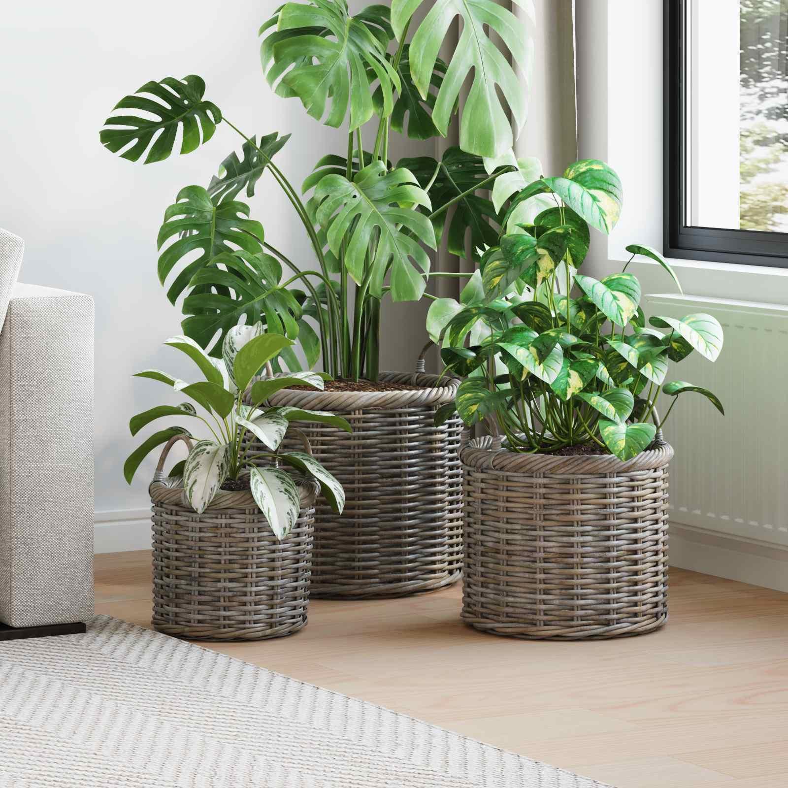 Plantekurv med opbevaring 3 stk Grå Kubu rattan