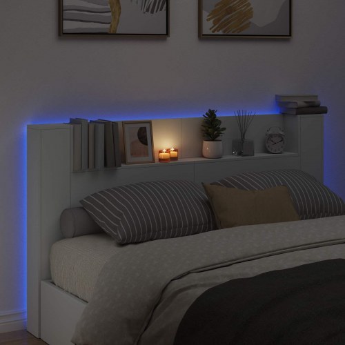 Sengegavl med LED og opbevaring - hvid, 180 x 16,5 x 103,5 cm