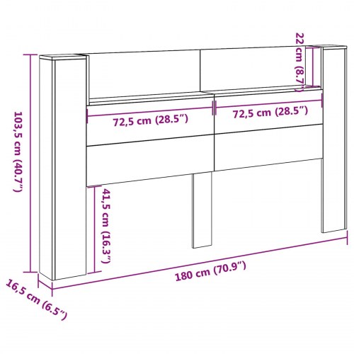 Sengegavl med LED og opbevaring - hvid, 180 x 16,5 x 103,5 cm